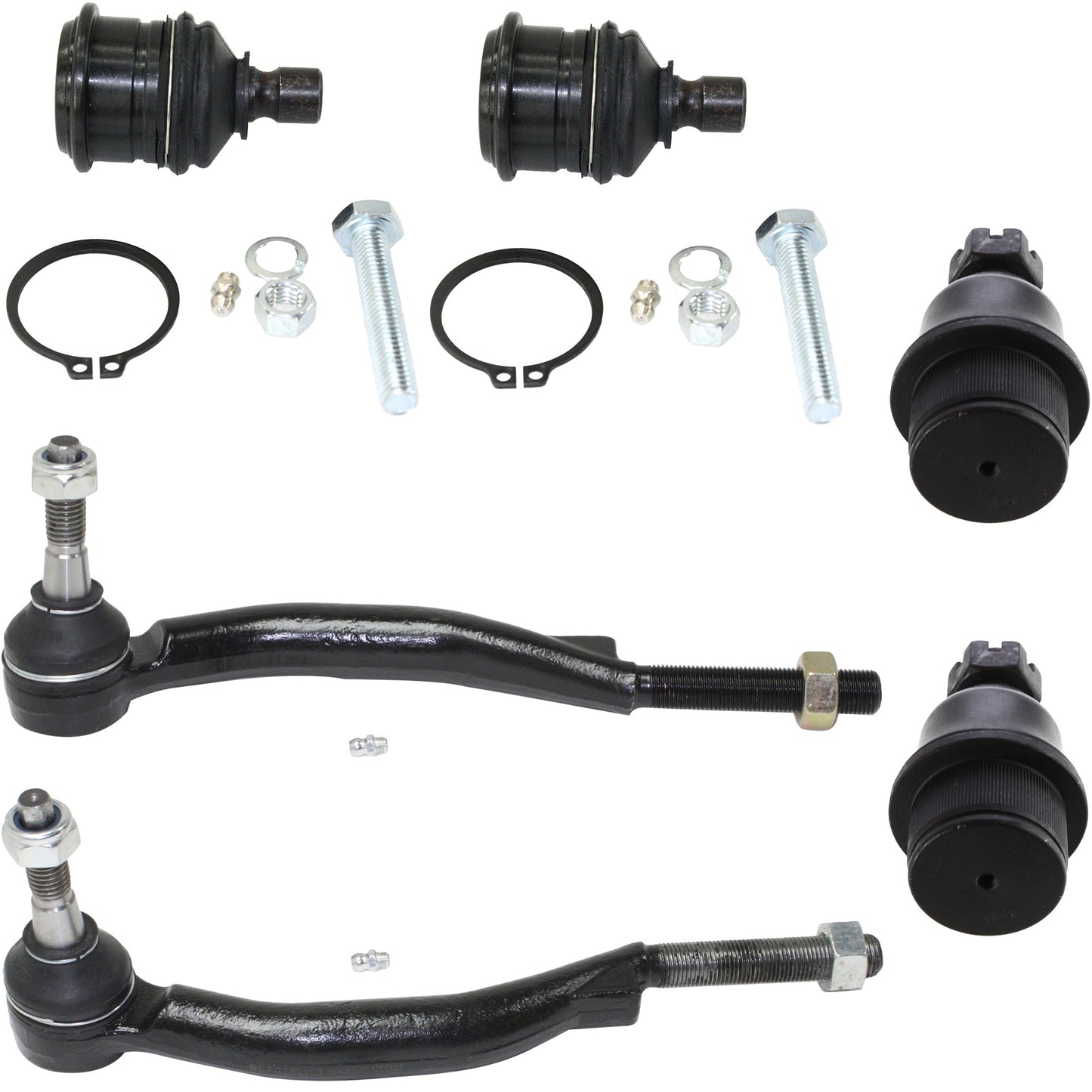 Комплект из 6 деталей: передний, со стороны водителя и пассажира, внешний наконечник рулевой тяги, включает (4) шаровых шарнира и (2) наконечника рулевой тяги