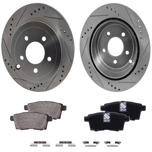 2-Wheel Set Rear Brake Disc and Pad Kit, Cross-drilled and Slotted 302.01 mm Ceramic, Includes (2) Brake Disc and (1) Brake Pad Set