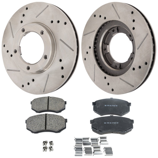 2-Wheel Set Front Brake Disc and Pad Kit, Cross-drilled and Slotted 5 Lugs 253.75 mm Ceramic Pro-Line Series, Includes (1) Brake Pad Set and (2) Brake Disc