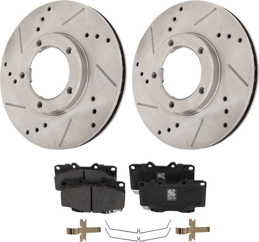2-Wheel Set Front Brake Disc and Pad Kit, Cross-drilled and Slotted 5 Lugs 253.75 mm Ceramic RWD Pro-Line Series, Includes (1) Brake Pad Set and (2) Brake Disc