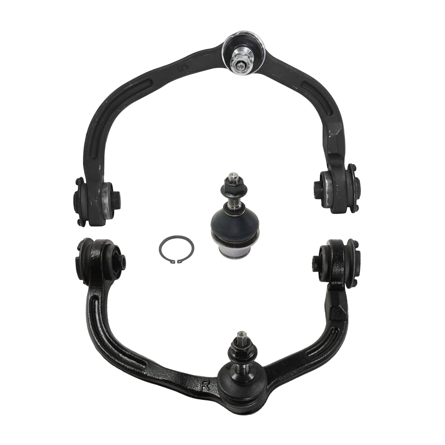 Комплект из 4 частей: передний, со стороны водителя и пассажира, комплект верхних рычагов подвески, включает (2) шаровых шарнира и (2) рычага подвески