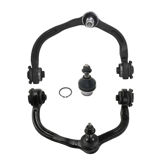 Комплект из 4 частей: передний, со стороны водителя и пассажира, комплект верхних рычагов подвески, включает (2) шаровых шарнира и (2) рычага подвески
