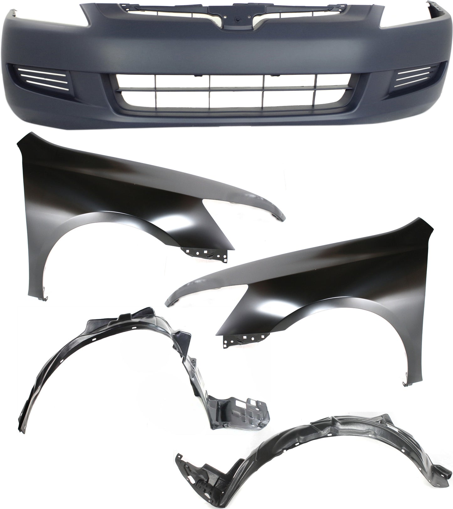 5-Piece Kit, Front, Driver and Passenger Side Fender, 2-Door, Coupe, Includes (1) Bumper Cover, (2) Fender, and (2) Fender Liner