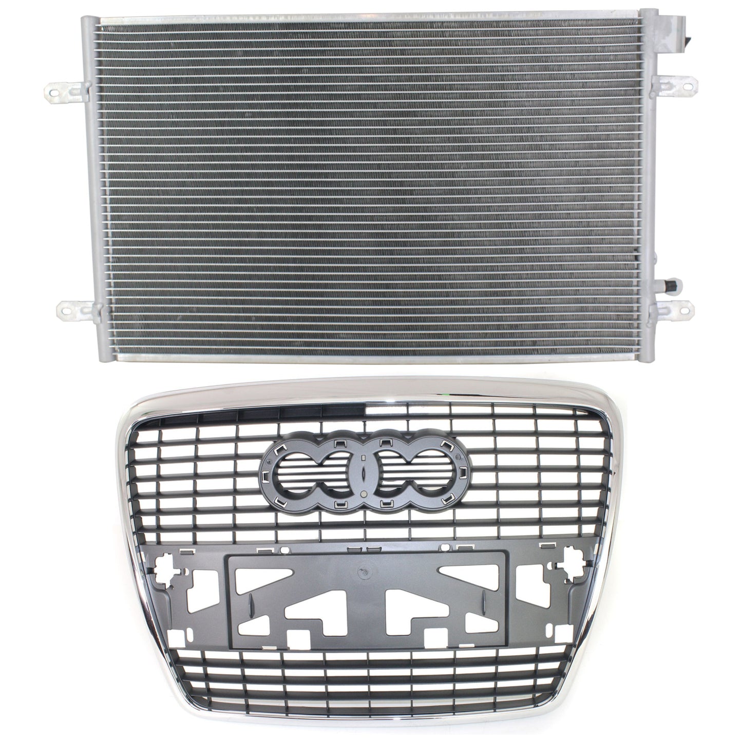2-Piece Kit, Grille Chrome Shell with Painted Silver Insert, For Models Without Sport Package and Park Distance Sensors, Includes (1) A/C Condenser and (1) Grille Assembly