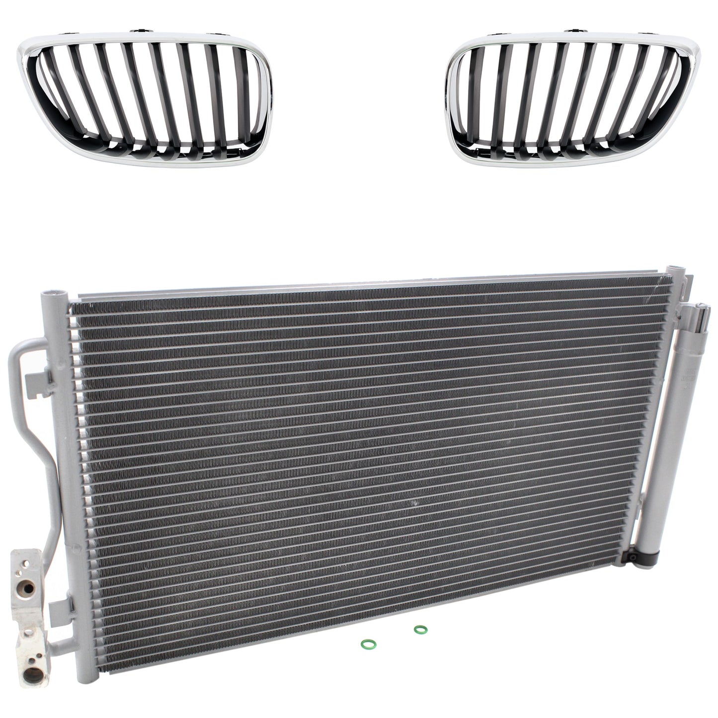 3-Piece Kit Base Driver and Passenger Side Grille Chrome Shell with Painted Black Insert, Includes (1) A/C Condenser and (2) Grille Assembly