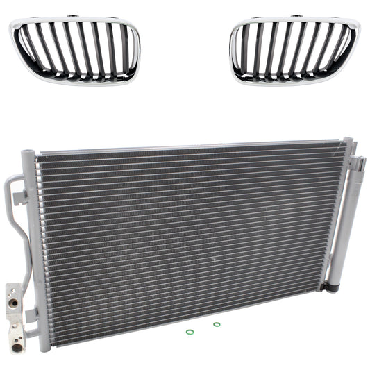 3-Piece Kit Base Driver and Passenger Side Grille Chrome Shell with Painted Black Insert, Includes (1) A/C Condenser and (2) Grille Assembly
