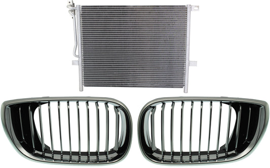 3-Piece Kit Driver and Passenger Side Grille Chrome, Includes (1) A/C Condenser and (2) Grille Assembly