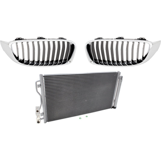 3-Piece Kit Base Driver and Passenger Side Grille Chrome Shell w/ Textured Black Insert, Includes (1) A/C Condenser and (2) Grille Assembly