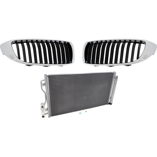 3-Piece Kit Base Driver and Passenger Side Grille Chrome Shell w/ Textured Black Insert, Includes (1) A/C Condenser and (2) Grille Assembly