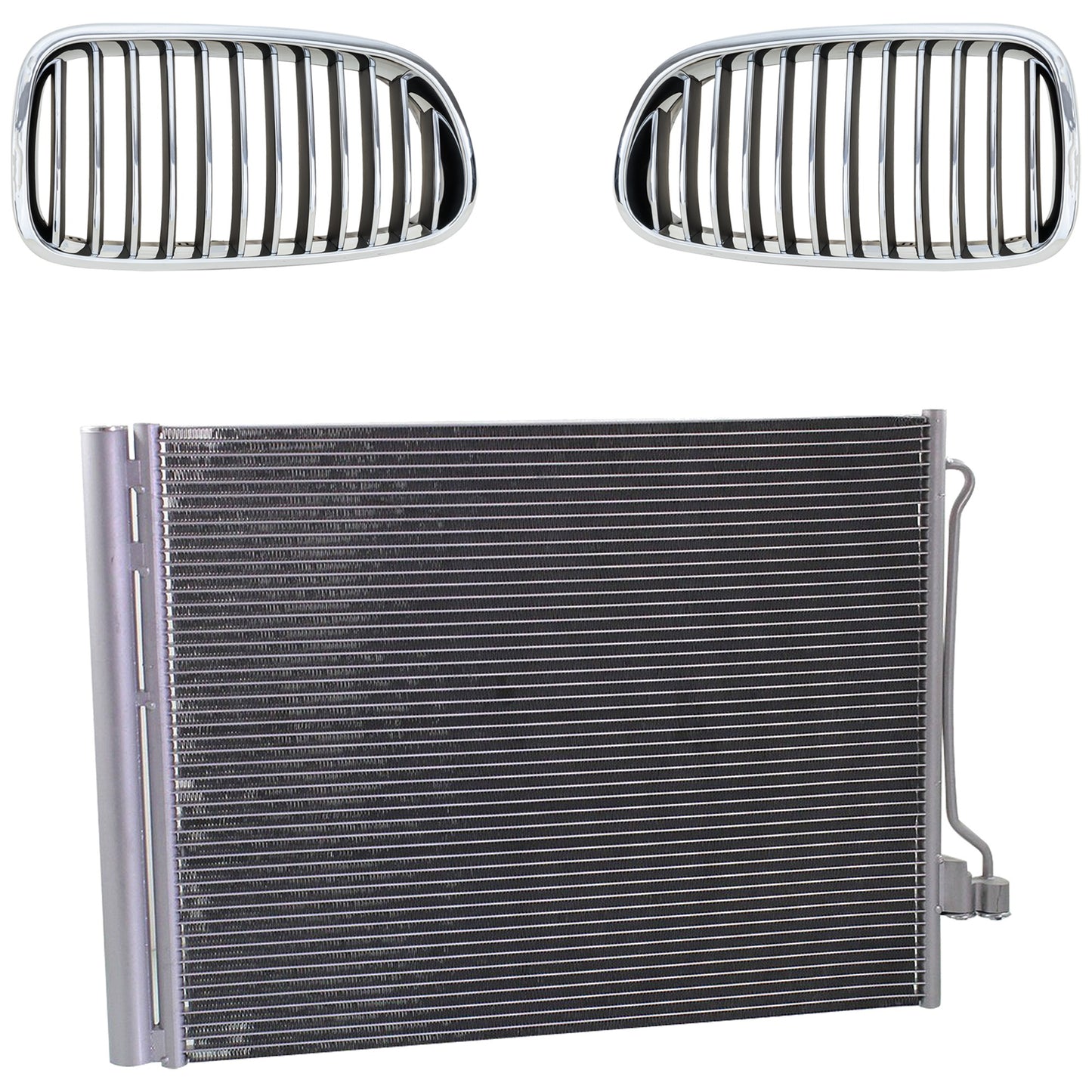 3-Piece Kit Base Driver and Passenger Side Grille Chrome Shell with Black Insert, Includes (1) A/C Condenser and (2) Grille Assembly