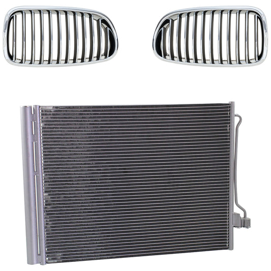 3-Piece Kit Base Driver and Passenger Side Grille Chrome Shell with Black Insert, Includes (1) A/C Condenser and (2) Grille Assembly