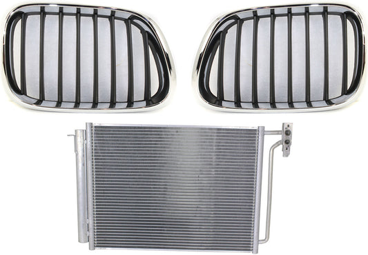 3-Piece Kit Driver and Passenger Side Grille Chrome Shell with Black Insert, Includes (1) A/C Condenser and (2) Grille Assembly