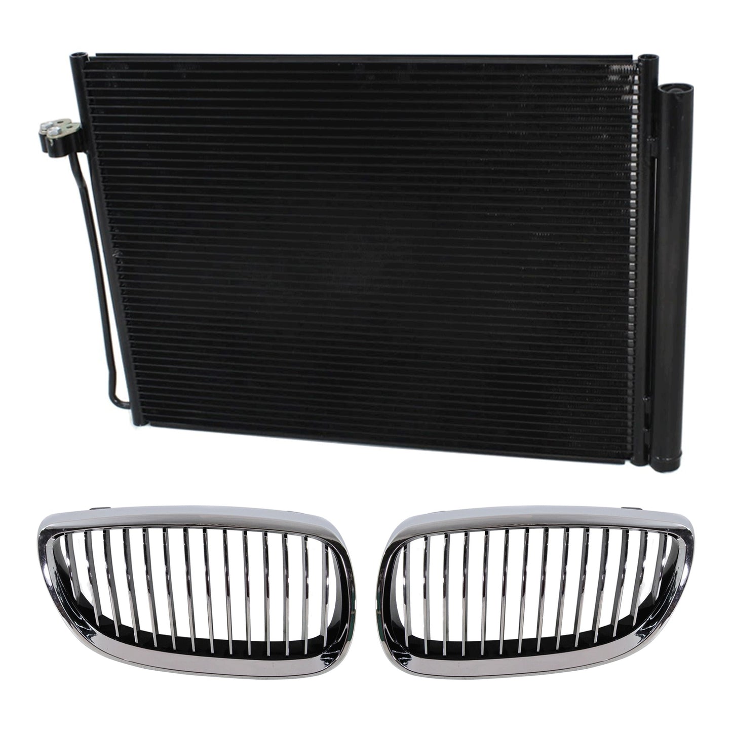 3-Piece Kit Driver and Passenger Side Grille Chrome Shell with Black Insert, Includes (1) A/C Condenser and (2) Grille Assembly