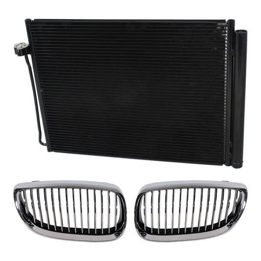 3-Piece Kit Driver and Passenger Side Grille Chrome Shell with Black Insert, Includes (1) A/C Condenser and (2) Grille Assembly