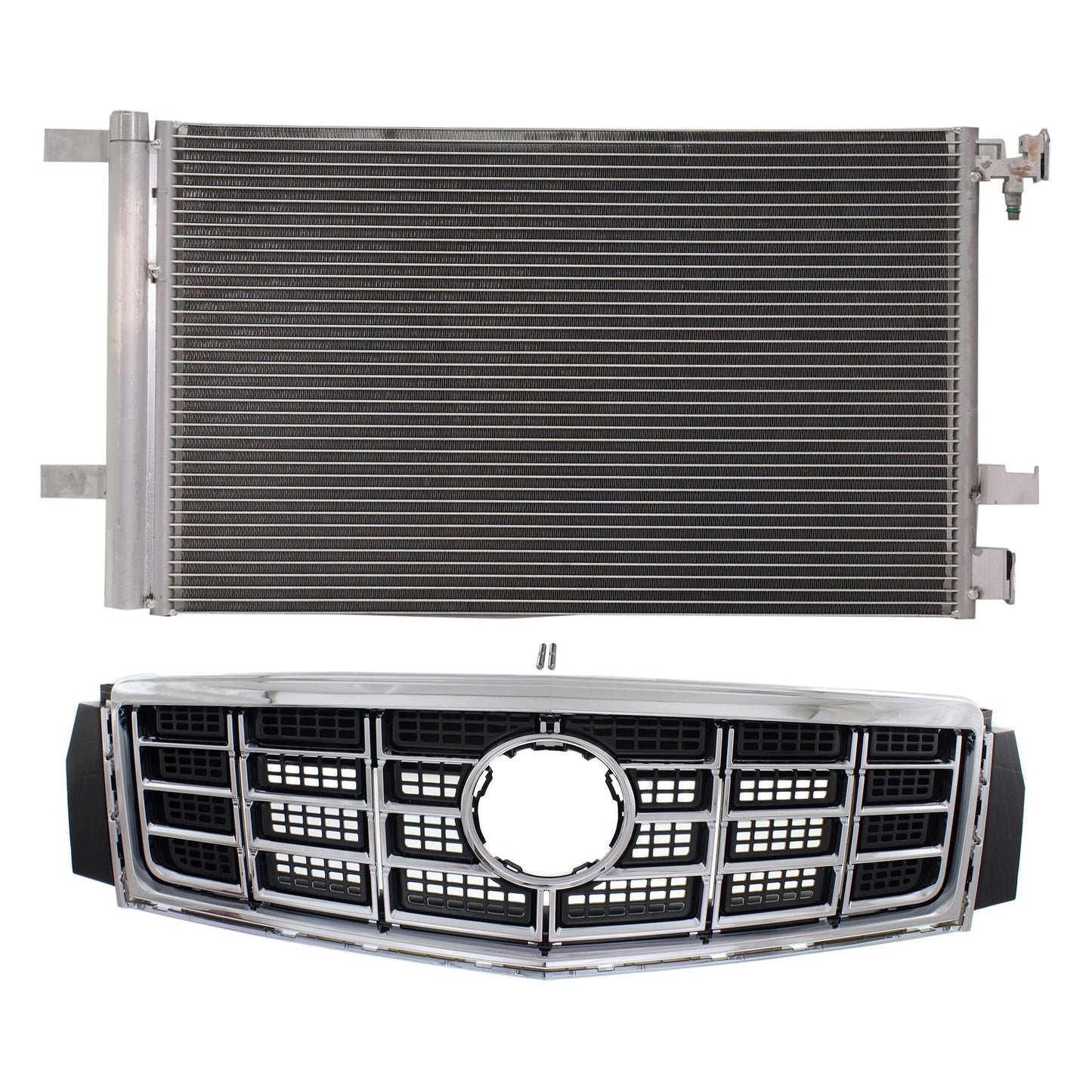 2-Piece Kit, Grille Chrome Shell with Painted Gray Insert, For Models Without Collision Warning, Includes (1) A/C Condenser and (1) Grille Assembly