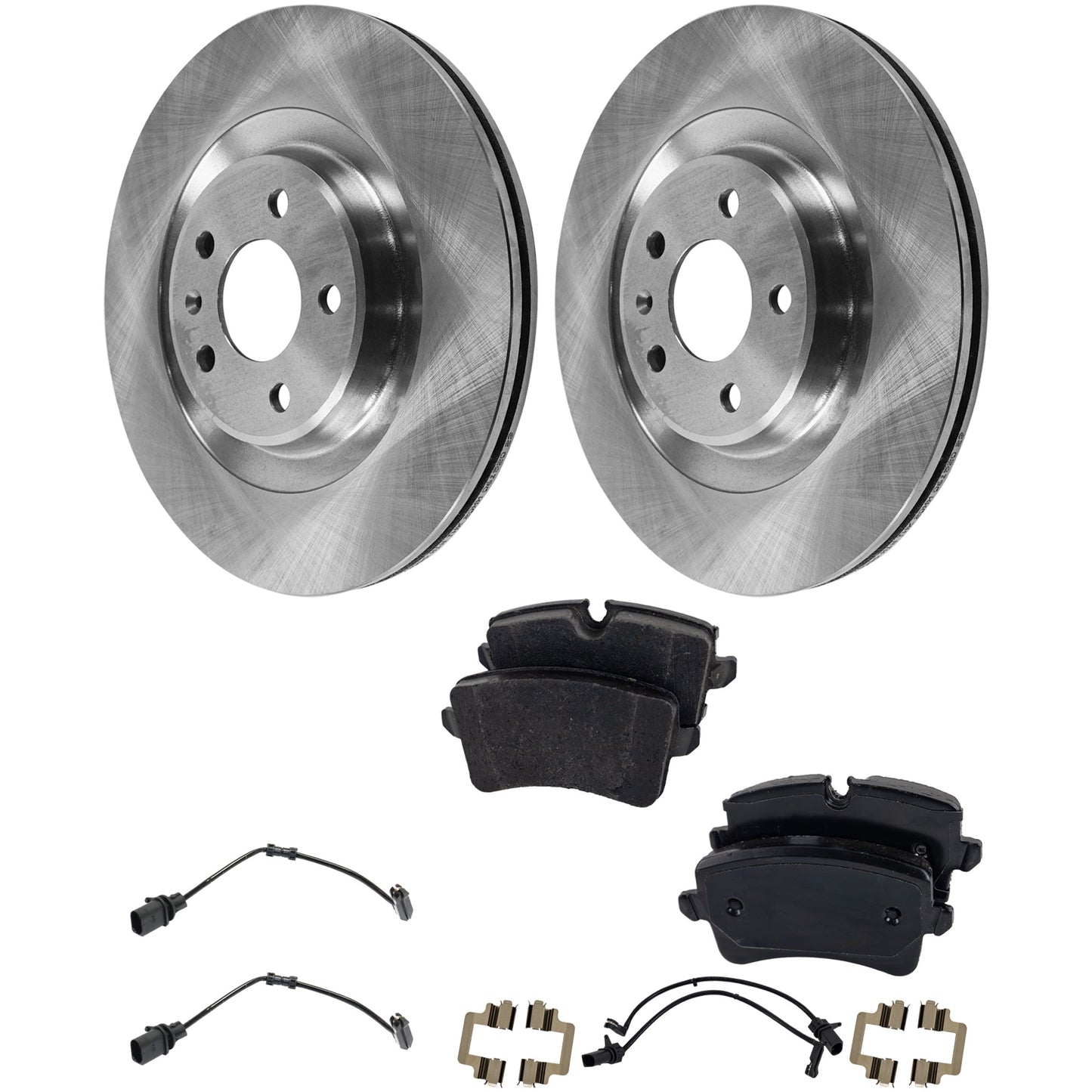 Комплект из 2 задних тормозных дисков и колодок, гладкая поверхность, 5 болтов, 329,95 мм, органический, включает в себя (2) тормозных диска, (1) комплект тормозных колодок и (2) датчика тормозных колодок