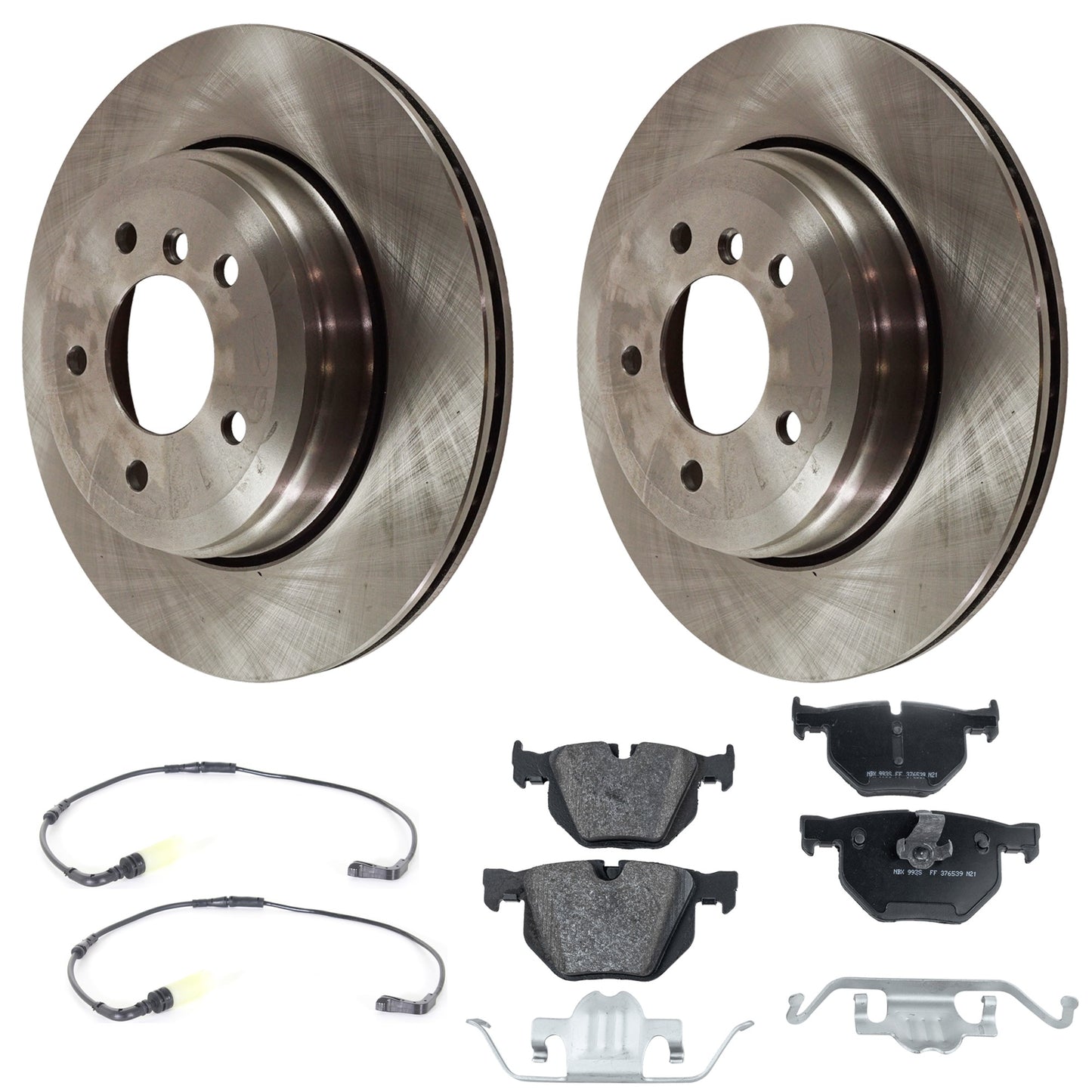 2-Wheel Set Brake Disc and Pad Kit, Plain Surface 5 Lugs 320.04 mm Organic, Includes (2) Brake Disc, (1) Brake Pad Set and (2) Brake Pad Sensor