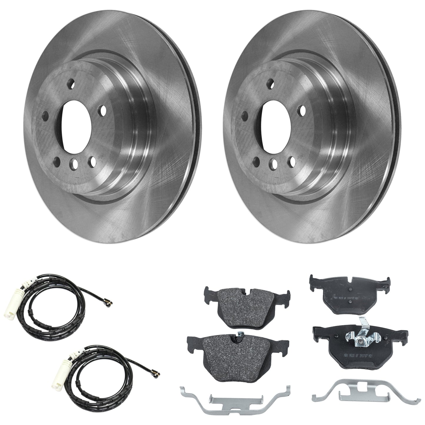 Комплект из 2 задних тормозных дисков и колодок, гладкая поверхность, 5 болтов, 336,04 мм, органический полный привод, включает в себя (2) тормозных диска, (1) комплект тормозных колодок и (2) датчика тормозных колодок