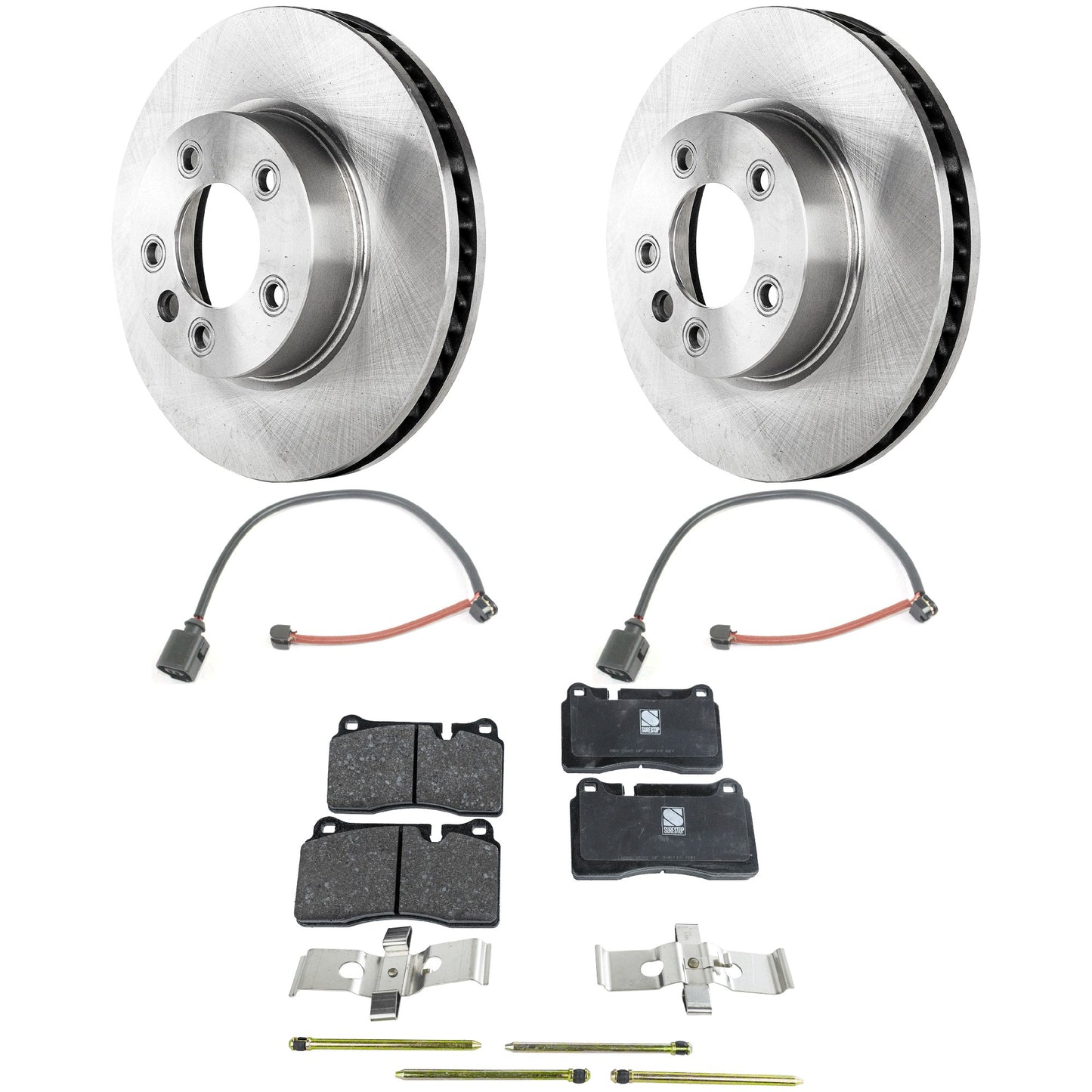 Комплект тормозных дисков и колодок на 2 колеса, гладкая поверхность, 5 болтов, 329,95 мм, органический, включает в себя (1) комплект тормозных колодок, (2) датчика тормозных колодок и (2) тормозных диска