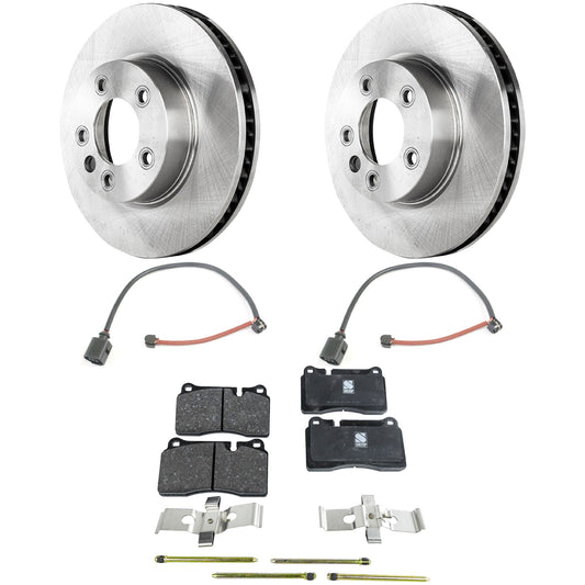 Комплект тормозных дисков и колодок на 2 колеса, гладкая поверхность, 5 болтов, 329,95 мм, органический, включает в себя (1) комплект тормозных колодок, (2) датчика тормозных колодок и (2) тормозных диска