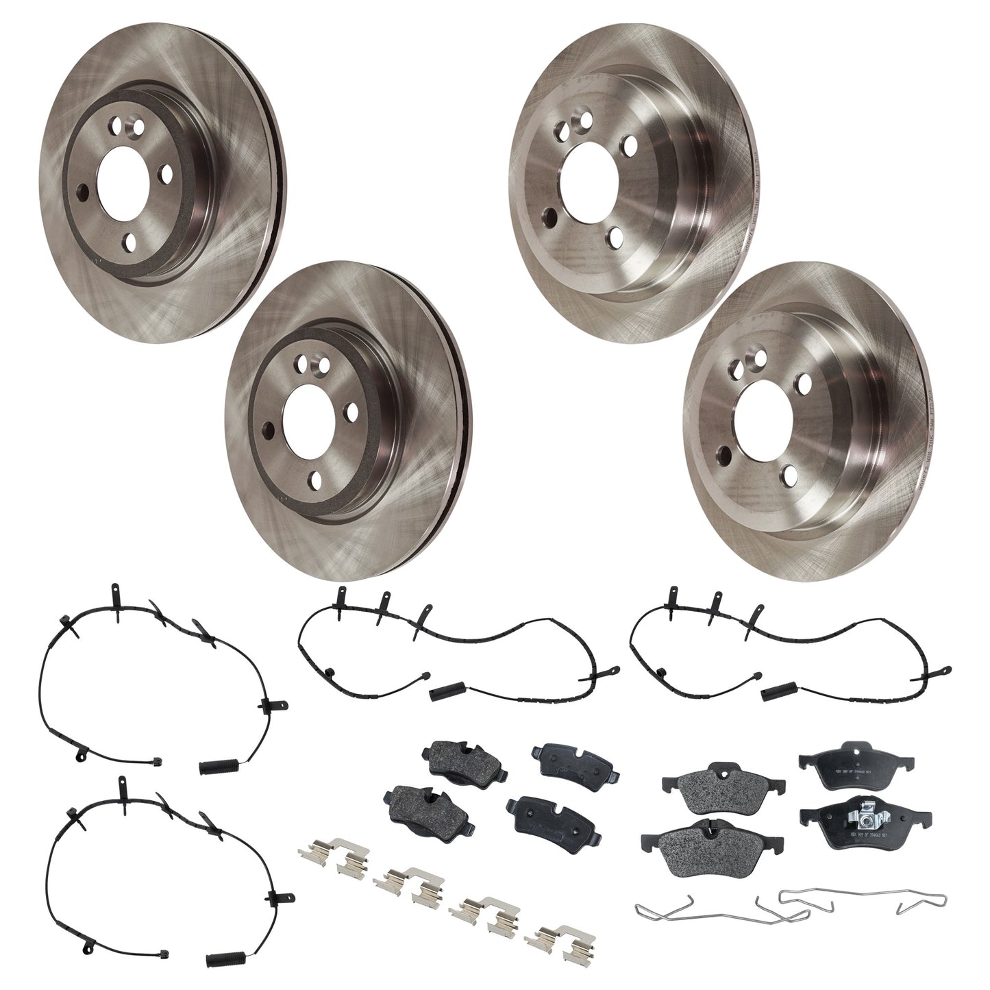 Комплект из 4 передних и задних тормозных дисков и колодок, гладкая поверхность, 4 выступа, передние — 276 мм, задние — 258,83 мм, передние — полуметаллические, задние — органические, в комплекте (4) диска, (2) комплекта колодок и (4) датчика накладок