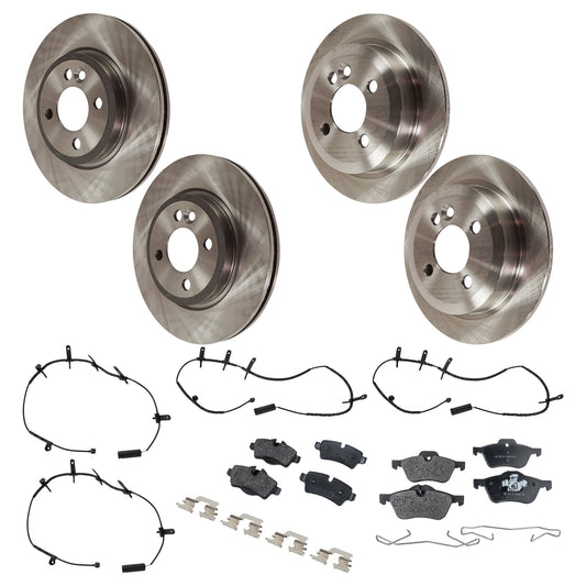 Комплект из 4 передних и задних тормозных дисков и колодок, гладкая поверхность, 4 выступа, передние — 276 мм, задние — 258,83 мм, передние — полуметаллические, задние — органические, в комплекте (4) диска, (2) комплекта колодок и (4) датчика накладок