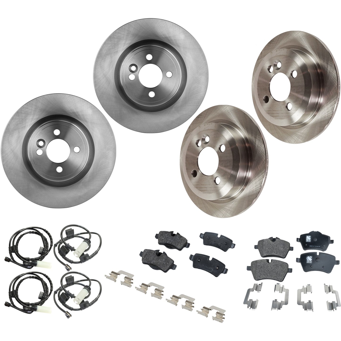 4-Wheel Set Front and Rear Brake Disc and Pad Kit, Plain Surface 4 Lugs Front-315.98 mm/Rear-258.83 mm Front-Ceramic/Rear-Organic, Includes (4) Brake Disc, (2) Brake Pad Set and (4) Brake Pad Sensor