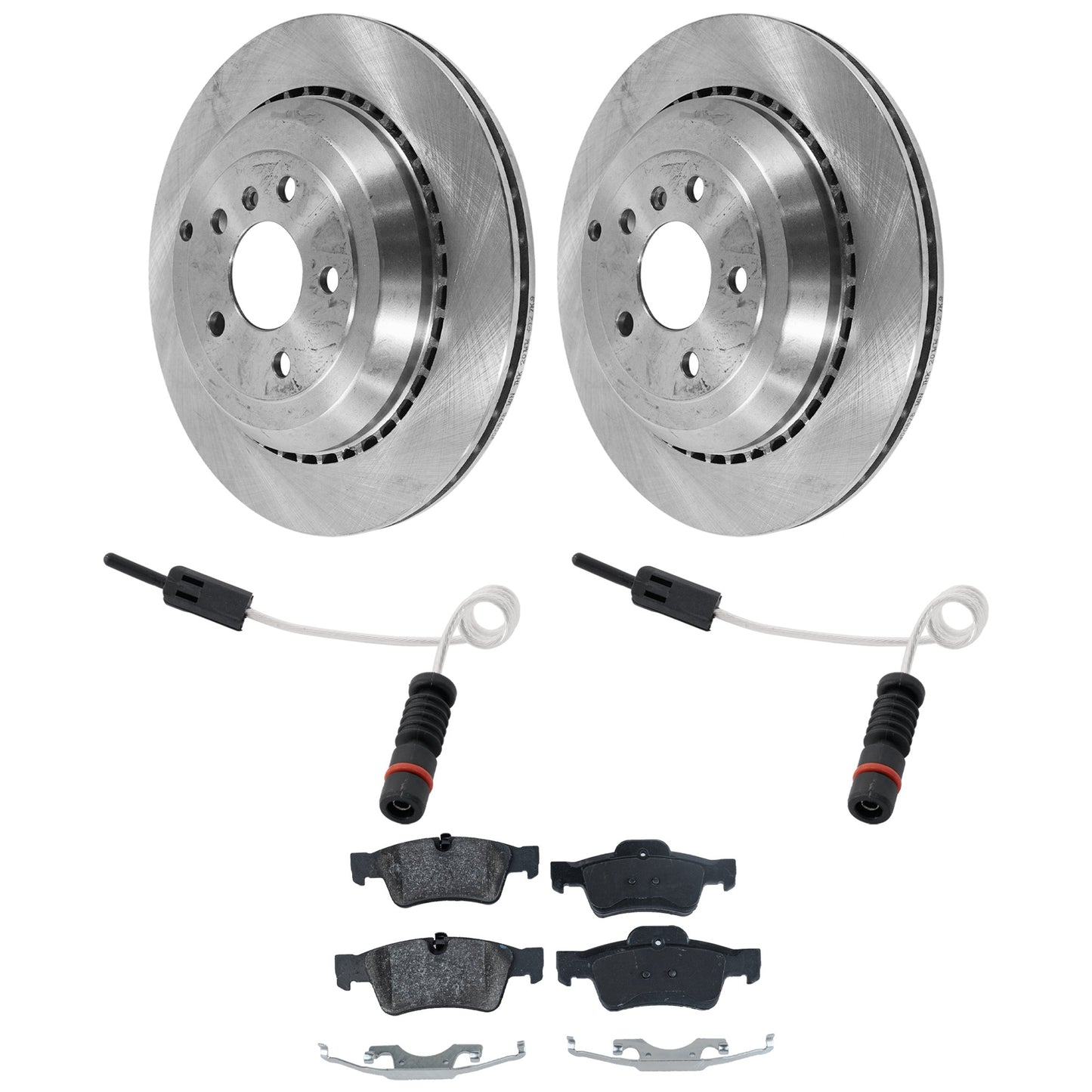 Комплект из 2 задних тормозных дисков и колодок, гладкая поверхность, 5 болтов, 329,95 мм, органический, включает в себя (1) комплект тормозных колодок, (2) датчика тормозных колодок и (2) тормозных диска