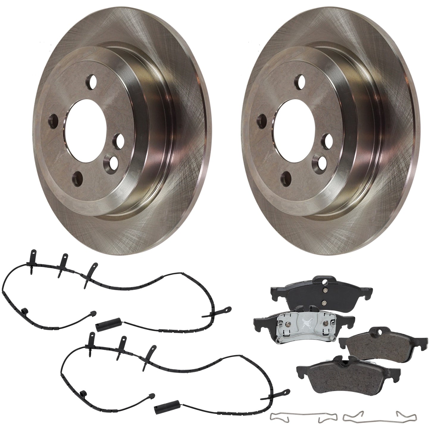 Комплект из 2 задних тормозных дисков и колодок, гладкая поверхность, 4 выступа, 259,08 мм, полуметаллические, включает в себя (1) комплект тормозных колодок, (2) датчика тормозных колодок и (2) тормозных диска