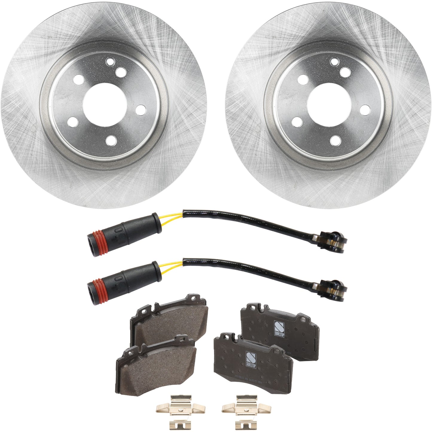 Комплект из 2 передних тормозных дисков и колодок, гладкая поверхность, 5 болтов, 329,95 мм, органический, включает в себя (2) тормозных диска, (1) комплект тормозных колодок и (2) датчика тормозных колодок