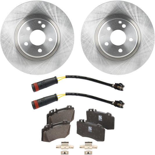 Комплект из 2 передних тормозных дисков и колодок, гладкая поверхность, 5 болтов, 329,95 мм, органический, включает в себя (2) тормозных диска, (1) комплект тормозных колодок и (2) датчика тормозных колодок