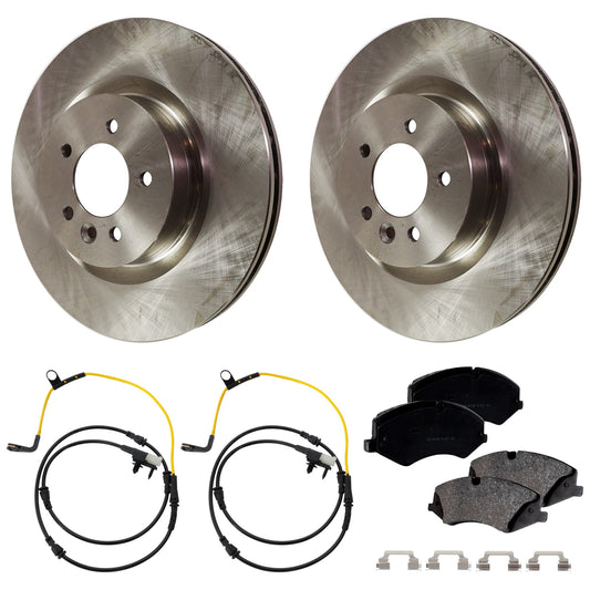 Комплект тормозных дисков и колодок на 2 колеса, гладкая поверхность, 5 болтов, 359,92 мм, органический, включает в себя (1) комплект тормозных колодок, (2) датчика тормозных колодок и (2) тормозных диска