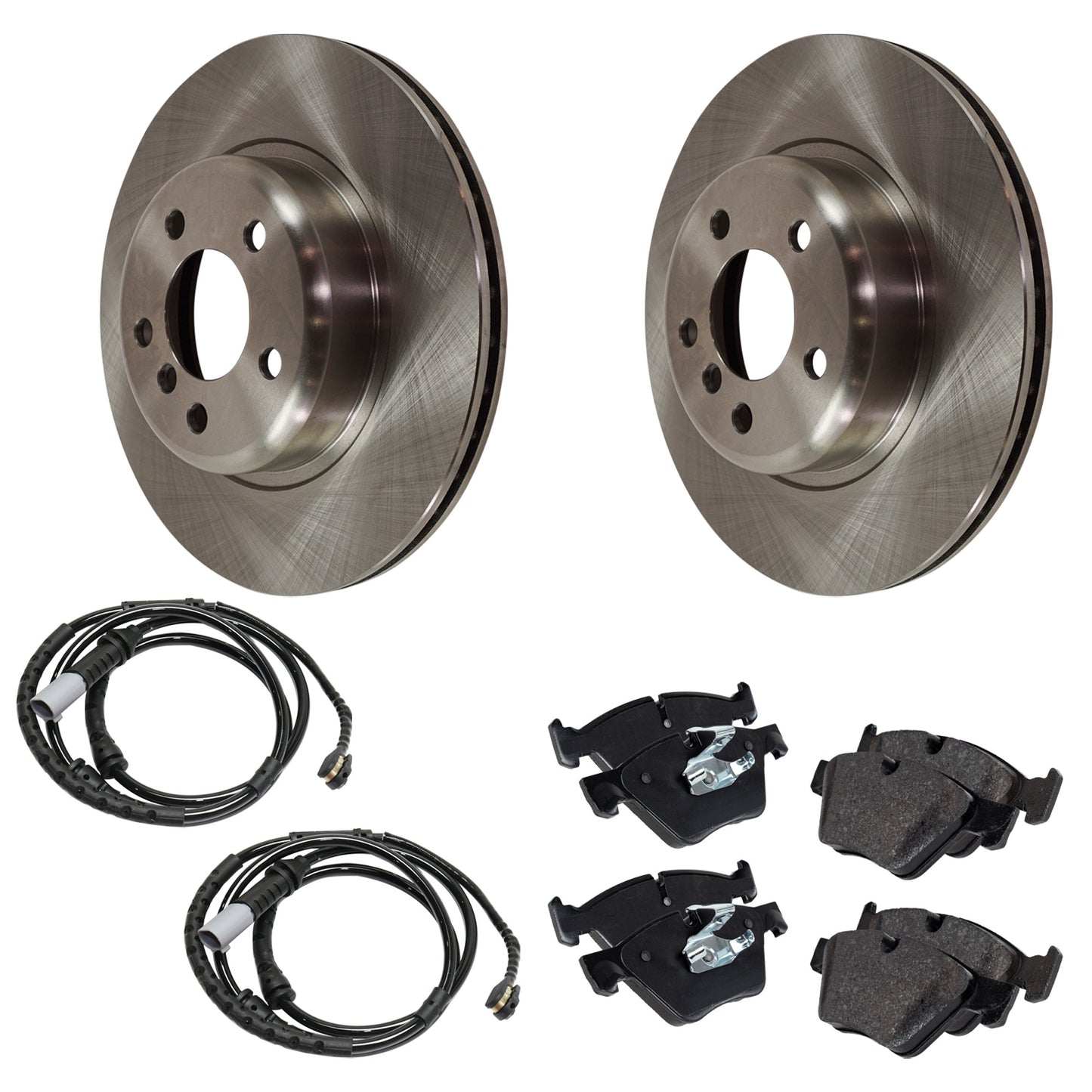 Комплект из 2 передних тормозных дисков и колодок, гладкая поверхность, 5 болтов, 329,95 мм, органический, включает в себя (2) тормозных диска, (1) комплект тормозных колодок и (2) датчика тормозных колодок