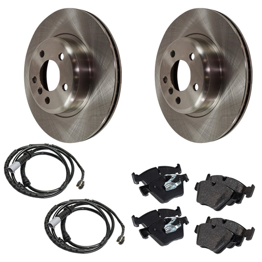 Комплект из 2 передних тормозных дисков и колодок, гладкая поверхность, 5 болтов, 329,95 мм, органический, включает в себя (2) тормозных диска, (1) комплект тормозных колодок и (2) датчика тормозных колодок