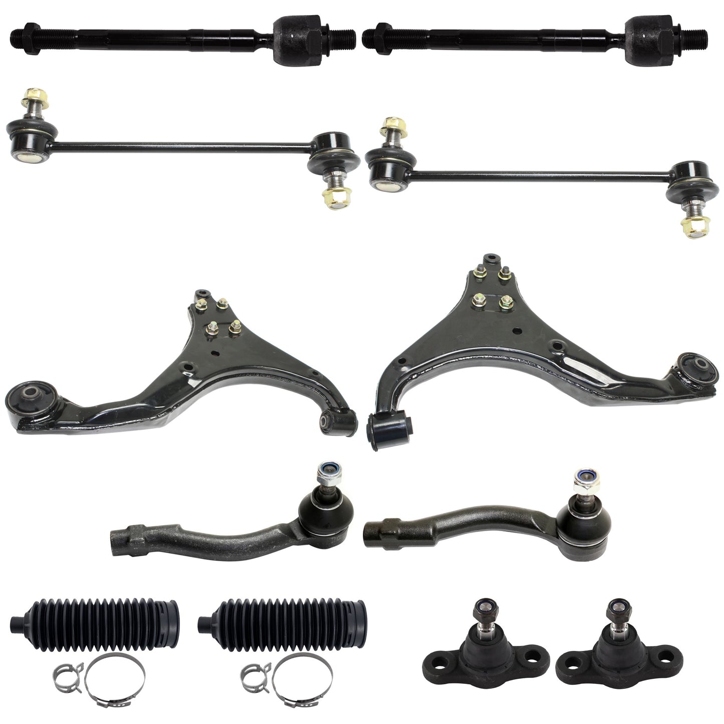 12-Piece Kit Front Suspension Kit, Includes (2) Ball Joint, (2) Control Arm, (2) Steering Rack Boot, (2) Sway Bar Link and (4) Tie Rod End