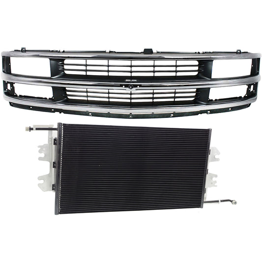 2-Piece Kit Grille Chrome Shell with Painted Gray Insert, For Models With Composite Headlights, Includes (1) A/C Condenser and (1) Grille Assembly