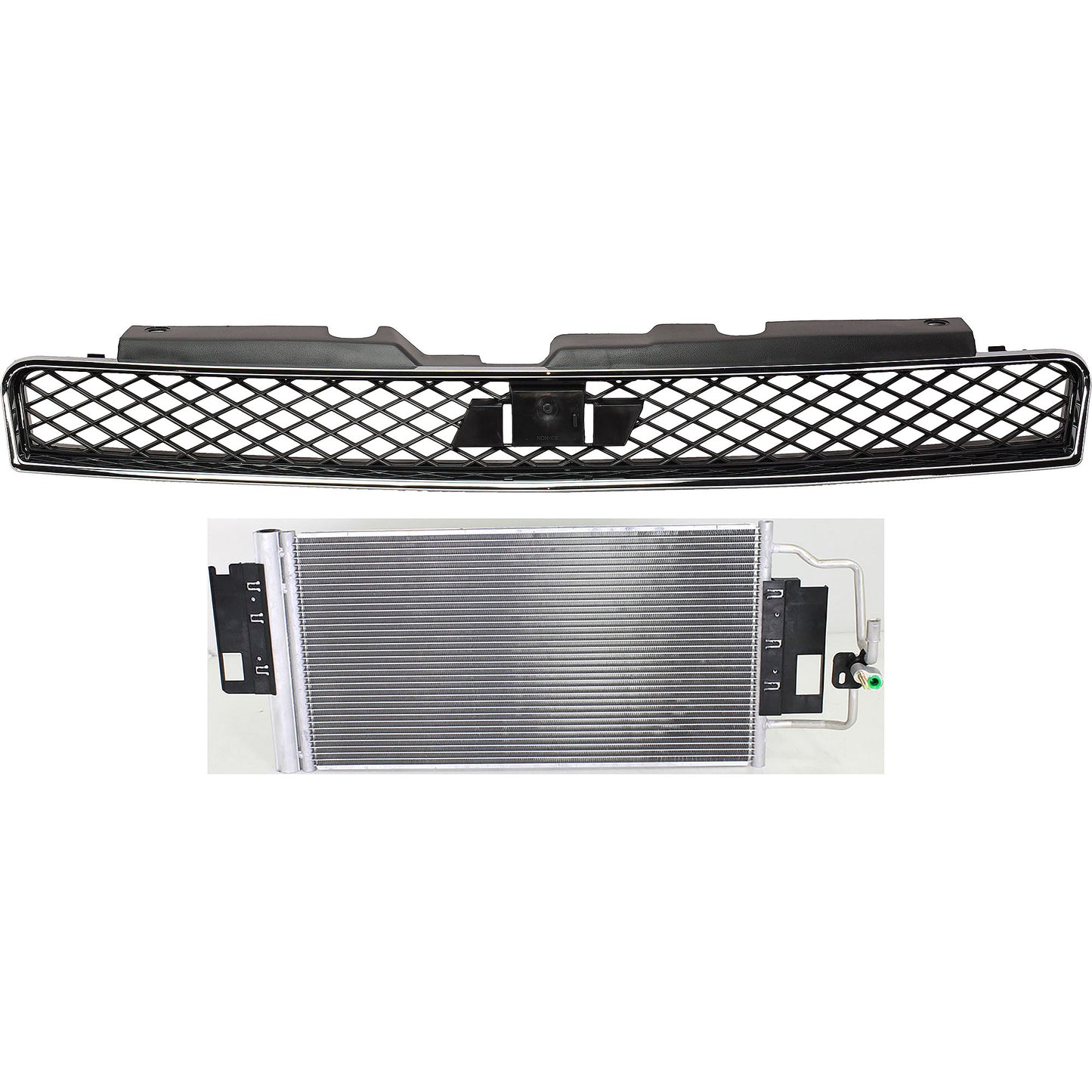 2-Piece Kit Grille Chrome Shell with Dark Gray Insert, Includes (1) A/C Condenser and (1) Grille Assembly