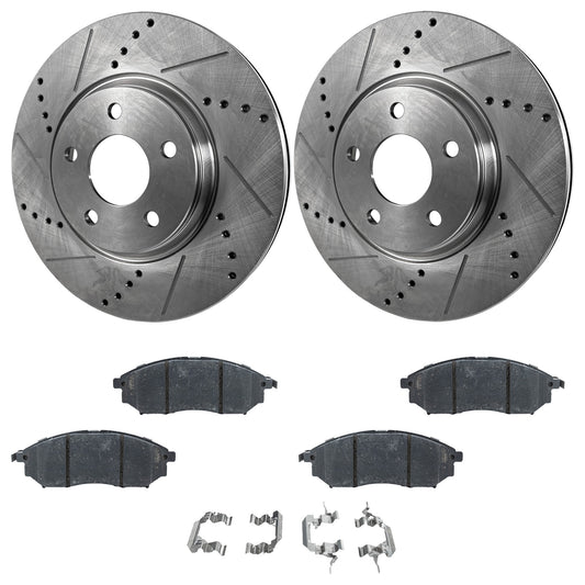 2-Wheel Set Front Brake Disc and Pad Kit, Cross-drilled and Slotted 5 Lugs 319.5 mm, Includes (1) Brake Pad Set and (2) Brake Disc