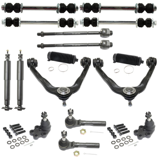 16-Piece Kit Front Suspension Kit Includes (2) Ball Joint, (2) Control Arm, (2) Steering Rack Boot, (4) Sway Bar Link, (4) Tie Rod End and (2) Shock Absorber and Strut Assembly