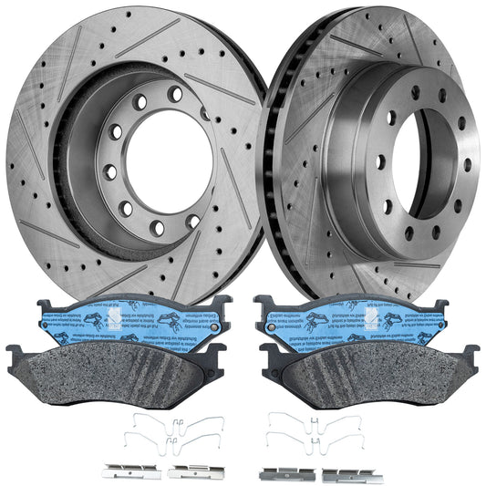 2-Wheel Set Brake Disc and Pad Kit, Cross-drilled and Slotted 10 Lugs 369 mm Semi-metallic Pro-Line Series, Includes (1) Brake Disc and (1) Brake Pad Set