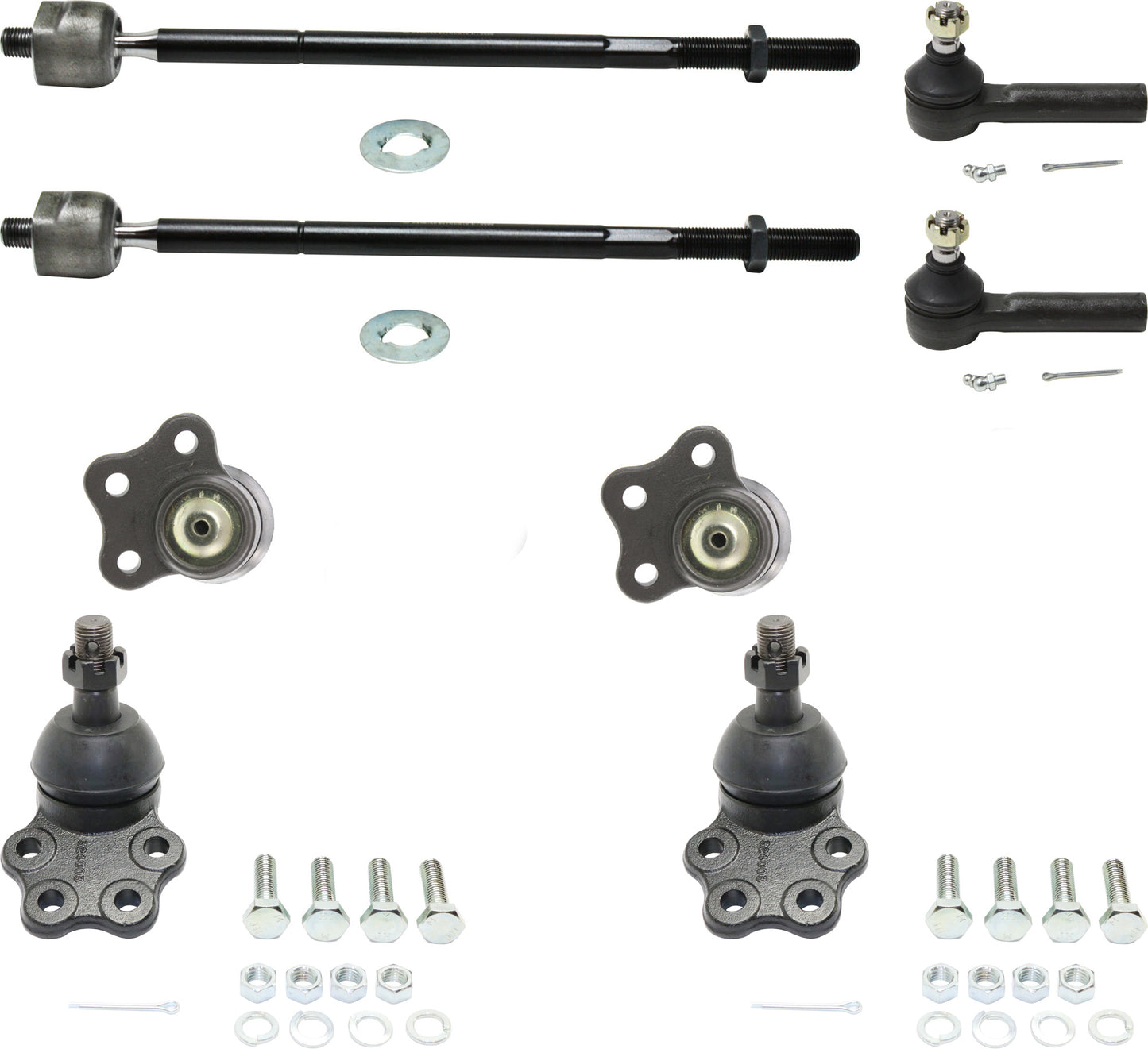 Комплект из 8 деталей: передний, со стороны водителя и пассажира, внутренний и внешний наконечник рулевой тяги, включает (4) шаровых шарнира и (4) наконечника рулевой тяги