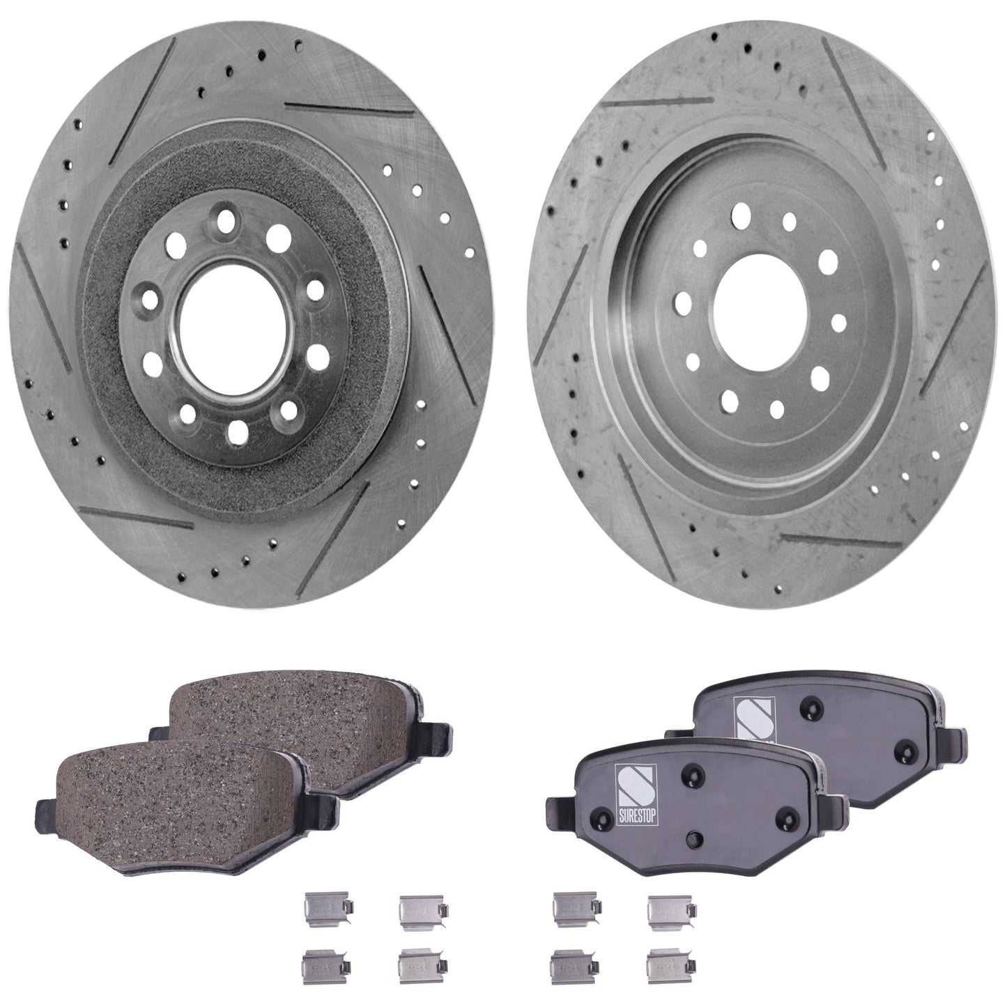 2-Wheel Set Rear Brake Disc and Pad Kit, Cross-drilled and Slotted 329.95 mm Pro-Line Series, Includes (1) Brake Pad Set and (2) Brake Disc