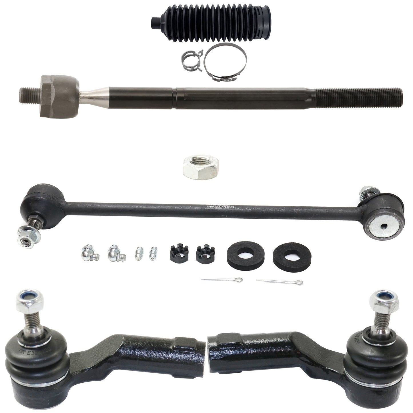 8-Piece Kit Front, Driver and Passenger Side, Inner and Outer Tie Rod End, Includes (4) Tie Rod End, (2) Sway Bar Link and (2) Steering Rack Boot