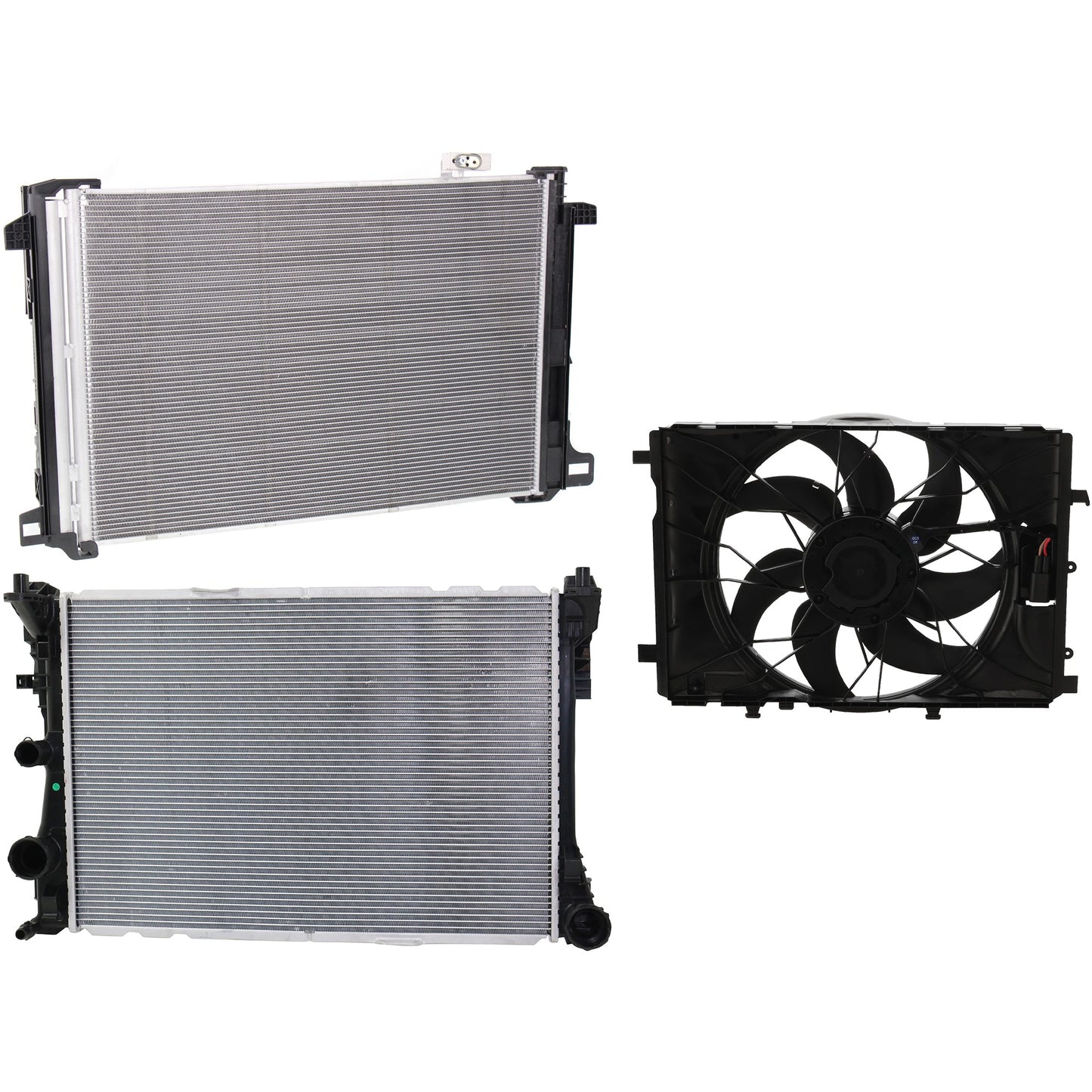 3-Piece Kit OE Replacement Radiator Fan, Single fan, Includes (1) Cooling Fan Assembly, (1) Radiator and (1) A/C Condenser