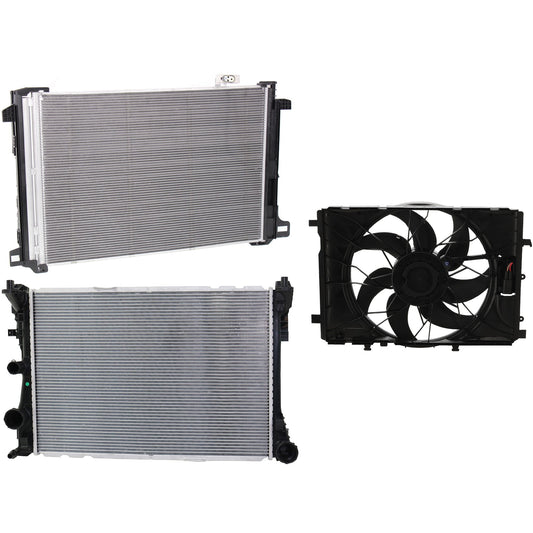 3-Piece Kit OE Replacement Radiator Fan, Single fan, Includes (1) Cooling Fan Assembly, (1) Radiator and (1) A/C Condenser