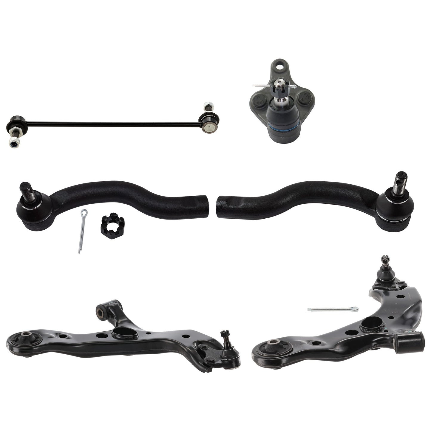 8-Piece Kit Front, Driver and Passenger Side, Lower Control Arms, Includes (2) Ball Joint, (2) Control Arm, (2) Sway Bar Link, and (2) Tie Rod End