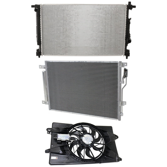 3-Piece Kit OE Replacement Radiator Fan, Single fan, Includes (1) Cooling Fan Assembly, (1) Radiator and (1) A/C Condenser