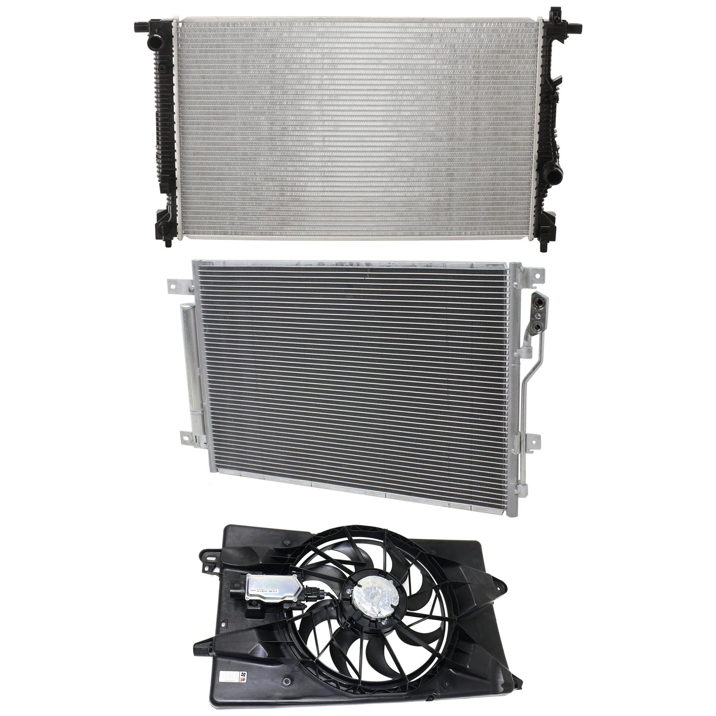 3-Piece Kit OE Replacement Radiator Fan, Single fan, Includes (1) Cooling Fan Assembly, (1) Radiator and (1) A/C Condenser