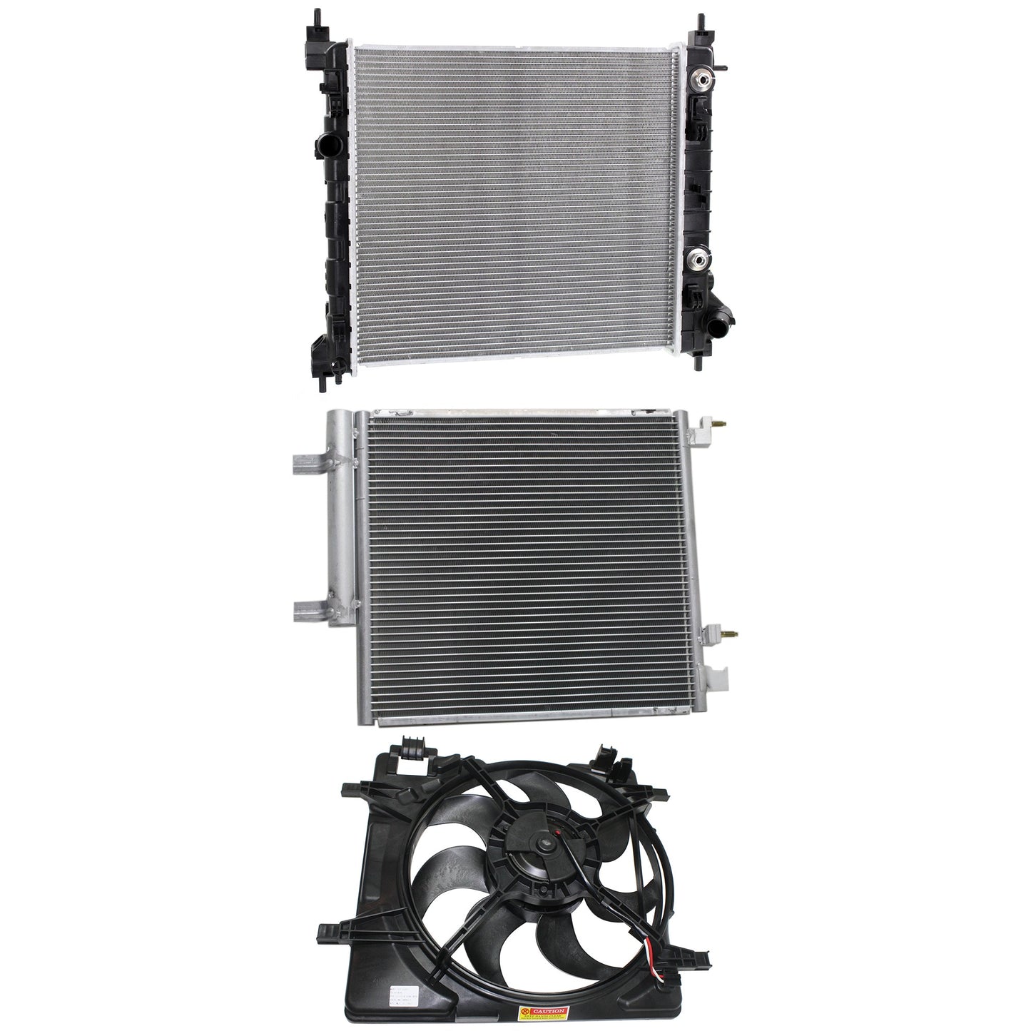 3-Piece Kit OE Replacement Radiator Fan, 1.2L, 4Cyl, Single fan, Includes (1) Cooling Fan Assembly, (1) Radiator and (1) A/C Condenser