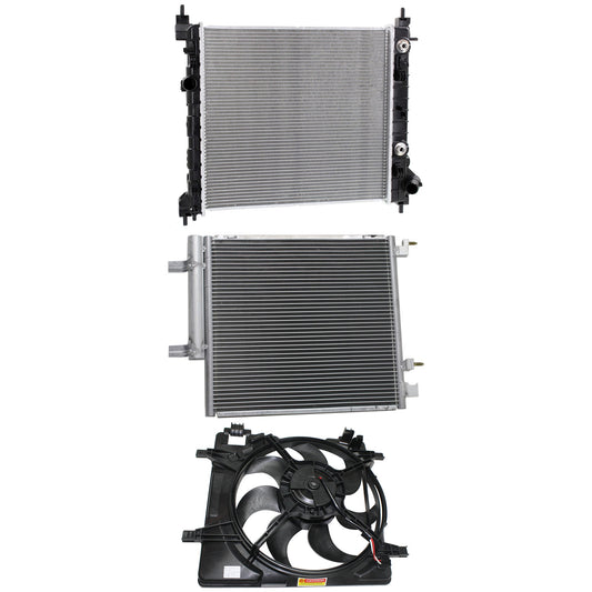 3-Piece Kit OE Replacement Radiator Fan, 1.2L, 4Cyl, Single fan, Includes (1) Cooling Fan Assembly, (1) Radiator and (1) A/C Condenser